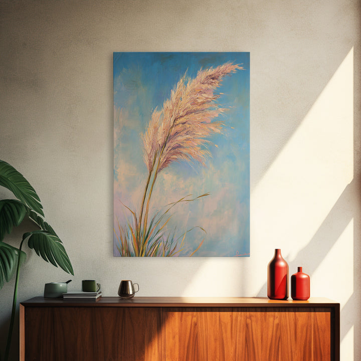 Pink Pampas Grass Against Blue Sky Framed Canvas Print, Coastal Botanical Wall Art For Boho Bedroom Decor And Nature Gift