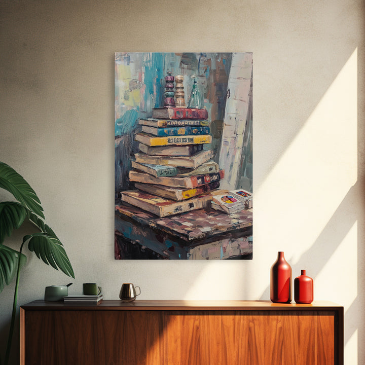 Stack Of Weathered Books Canvas Print, Cozy Library Wall Art For Reading Nook Decor, Book Lover Gift And Office Decor Print