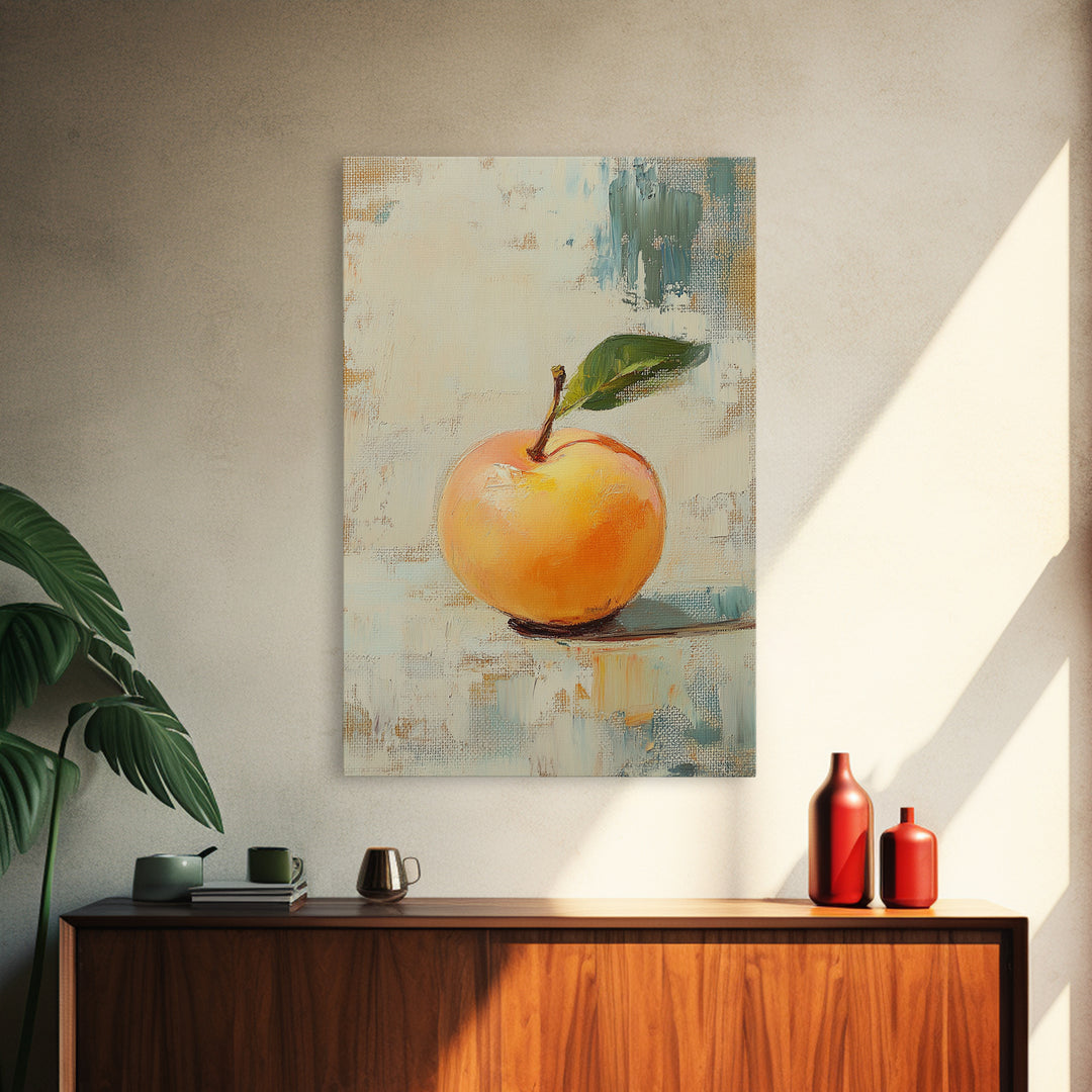 Golden Apple With Green Leaf Canvas Print, Minimal Fruit Still Life Wall Art For Kitchen Decor And Modern Farmhouse Wall Decor