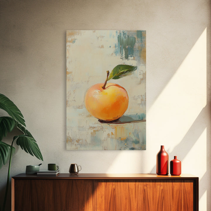 Golden Apple With Green Leaf Canvas Print, Minimal Fruit Still Life Wall Art For Kitchen Decor And Modern Farmhouse Wall Decor
