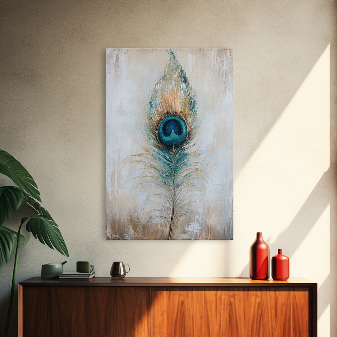 Blue Peacock Feather Wall Art, Boho Bird Feather Canvas Wall Decor, Teal Gold Nature Print, Neutral Living Room Decor, Home Decor