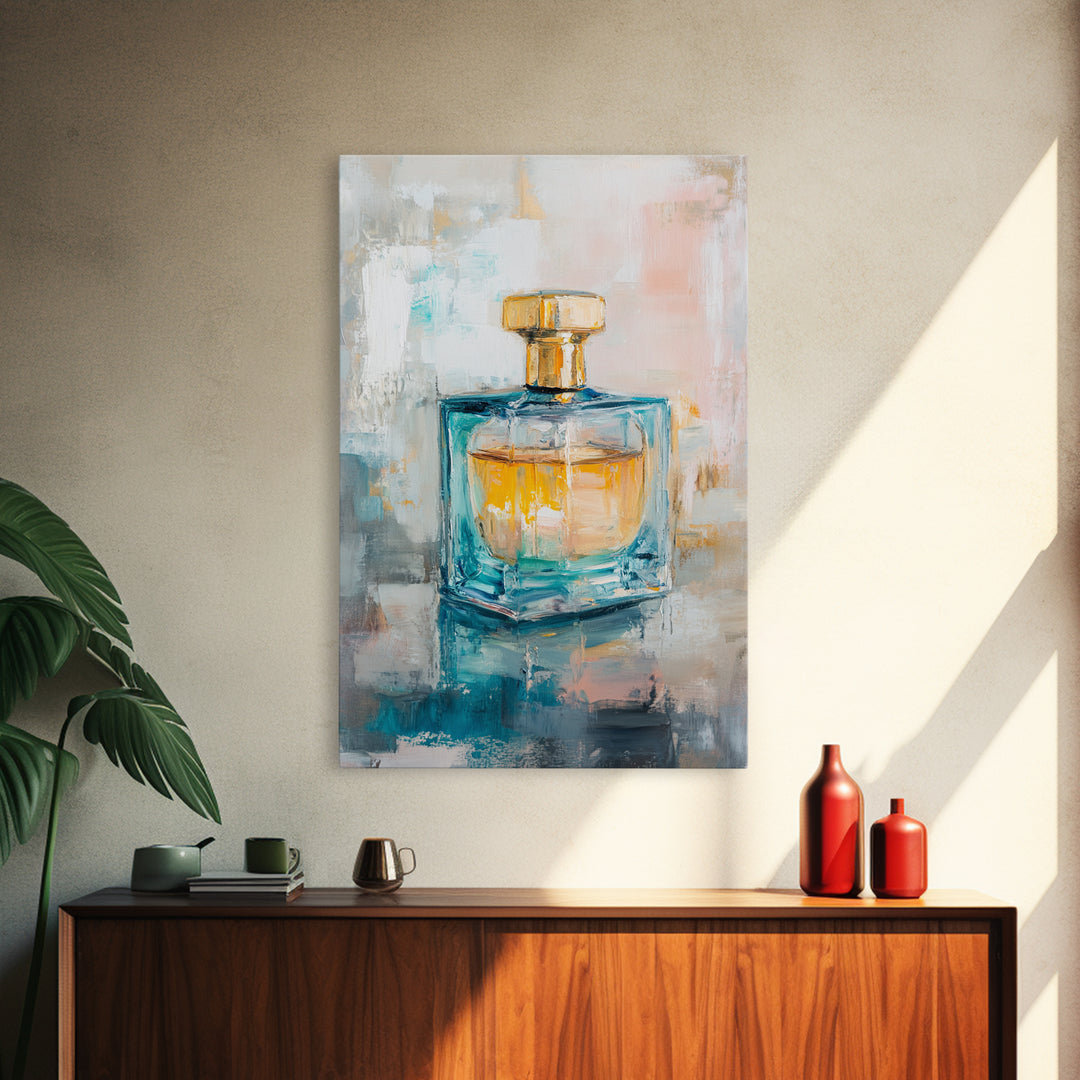 Turquoise Glass Perfume Bottle Wall Art, Chic Vanity Decor, Feminine Bathroom Art Print, Modern Glam Gift For Her, Home Decor