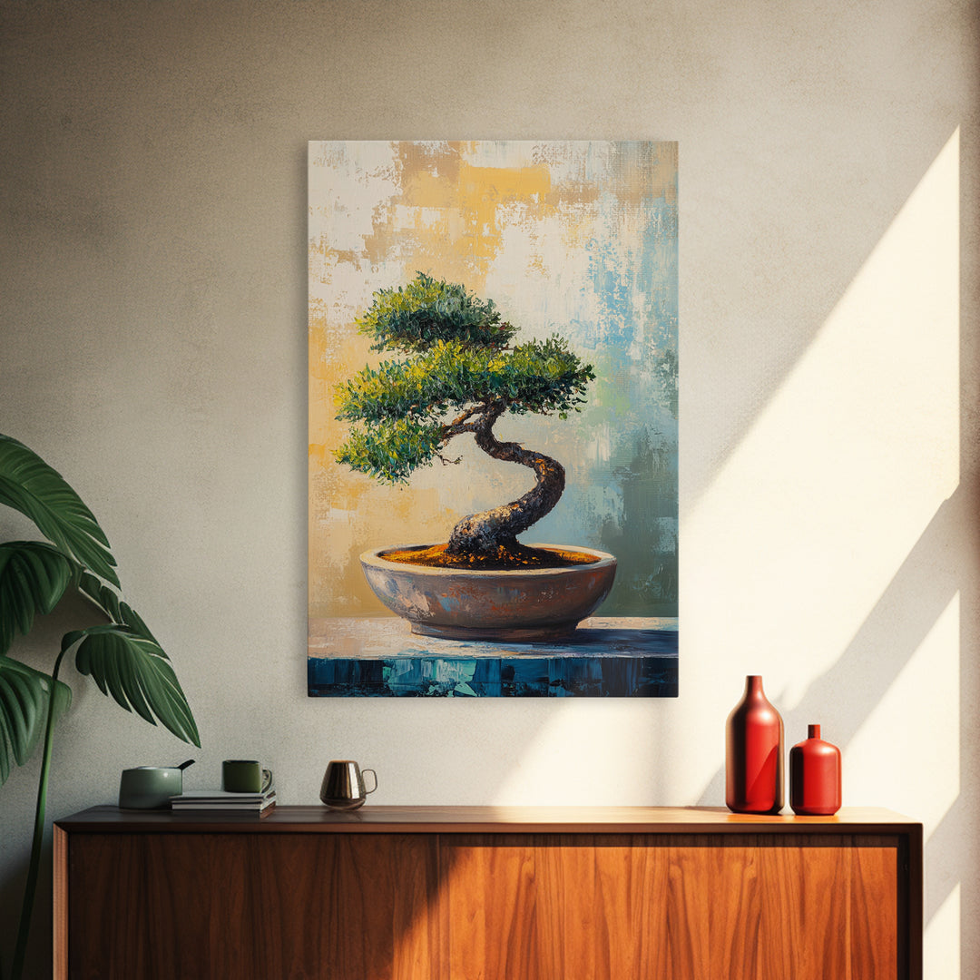 Twisted Bonsai Tree In Bowl Framed Canvas Print, Zen Wall Art, Japandi Home Decor, Mindfulness Office Decor Gift For Meditation Room