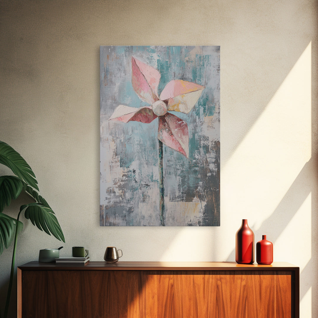 Pink Paper Pinwheel Minimalist Canvas Print, Whimsical Nursery Wall Art, Soft Pastel Playroom Decor Gift For Kids Room Home Decor