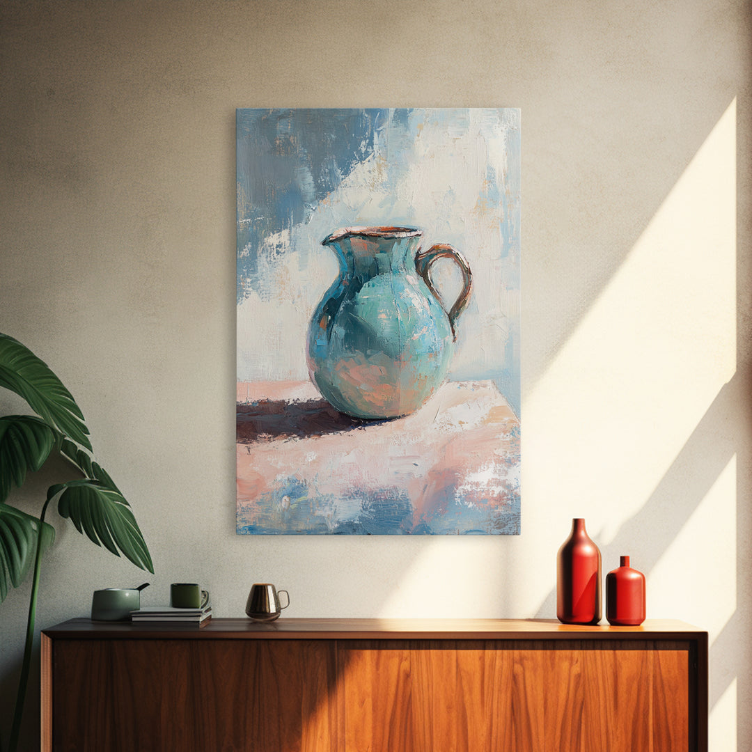 Turquoise Ceramic Pitcher Canvas Print, Rustic Kitchen Wall Art, Coastal Home Decor, Still Life Painting, Gift For Her, Fine Art