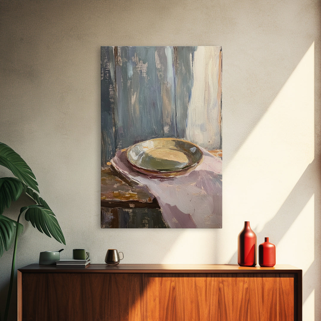 Shallow Ceramic Bowl On Linen Framed Canvas Print, Minimalist Kitchen Wall Art, Neutral Home Decor, Moody Still Life Painting