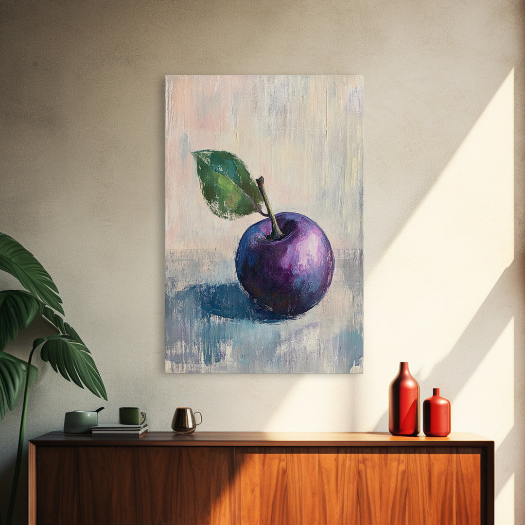 Purple Plum With Green Leaf Canvas Print, Still Life Fruit Art For Kitchen Wall Art, Rustic Farmhouse Home Decor Gift For Her