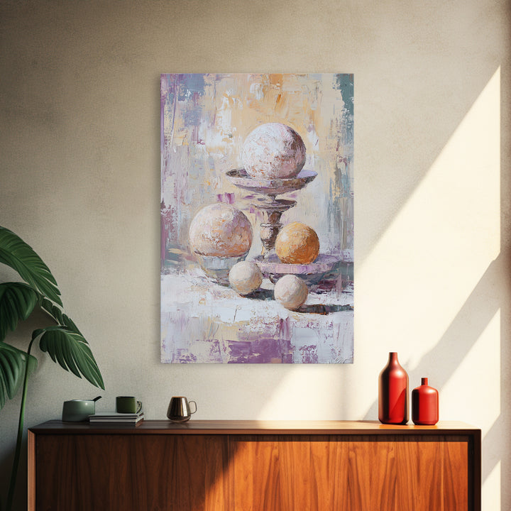 Textured White And Orange Spheres Canvas Print, Abstract Still Life Wall Art, Modern Neutral Decor For Living Room Gift For Her