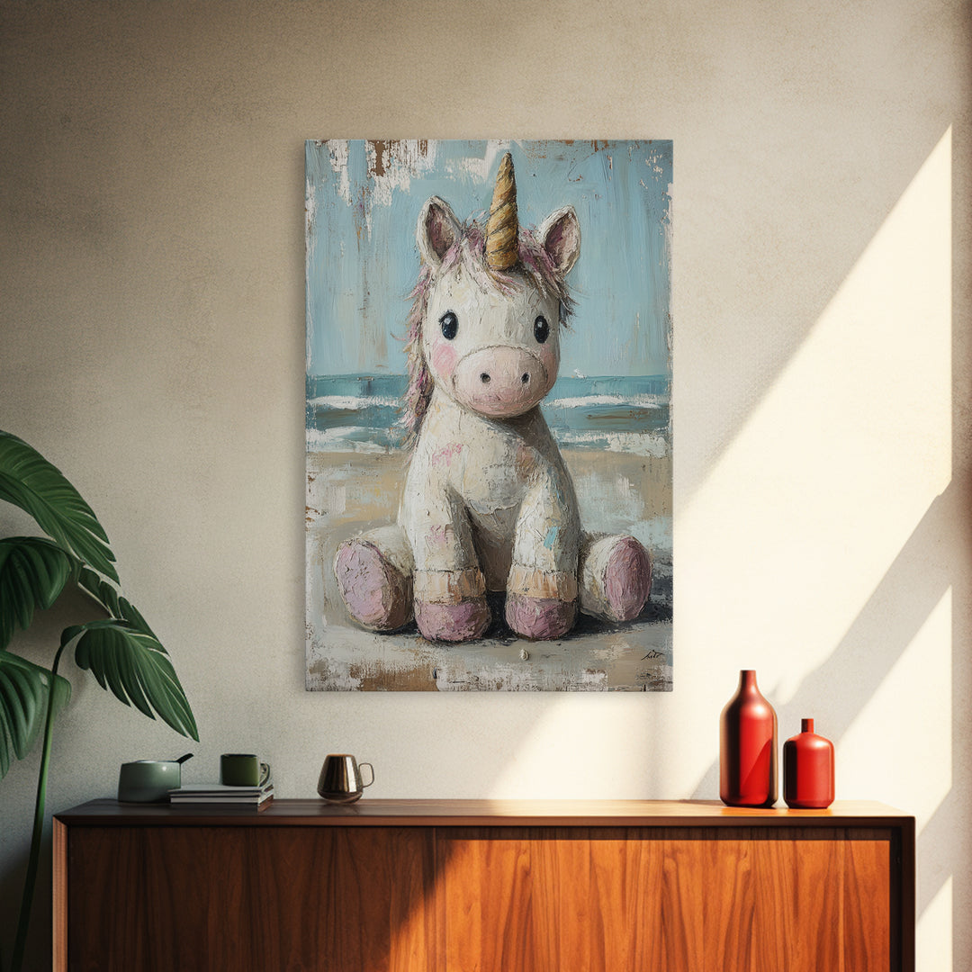 Cute Sitting Unicorn Nursery Wall Art, Whimsical Animal Canvas Print, Girls Room Decor, Magical Baby Shower Gift For Her