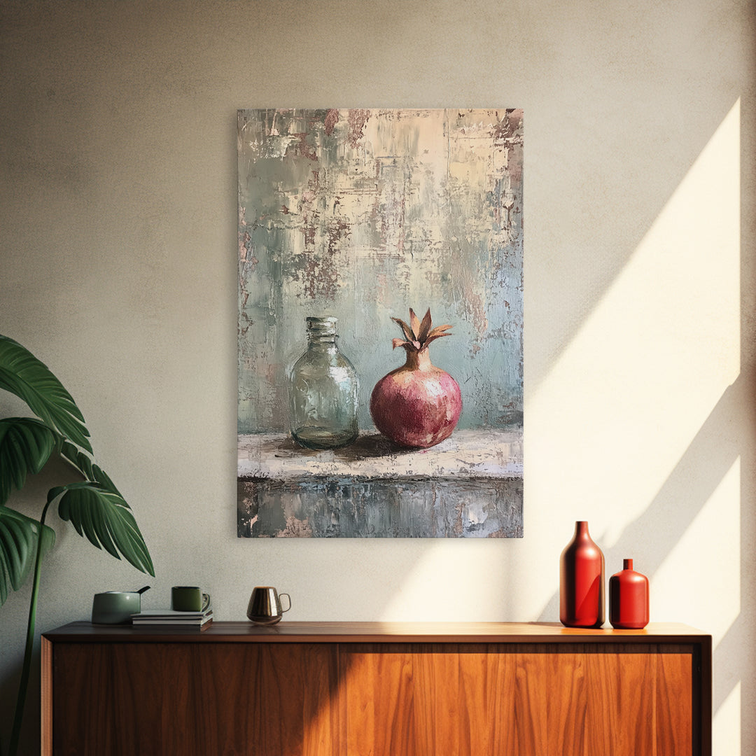 Pomegranate And Glass Bottle Still Life Wall Art, Rustic Fruit Canvas Print, Neutral Kitchen Decor, Housewarming Gift For Her