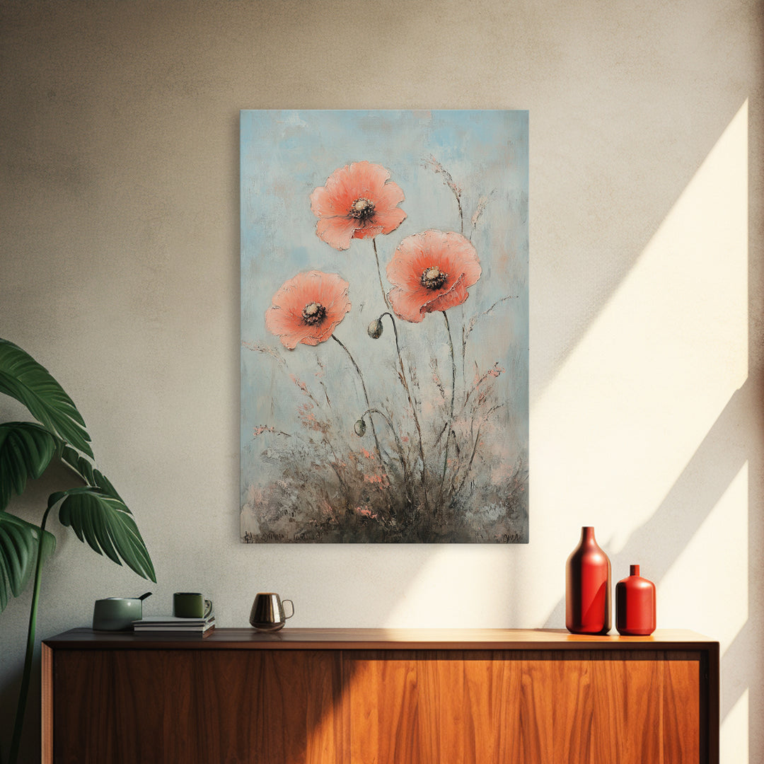 Coral Poppy Flowers On Blue Background Wall Art, Botanical Canvas Print, Floral Wall Decor For Bedroom Home Decor Gift For Her