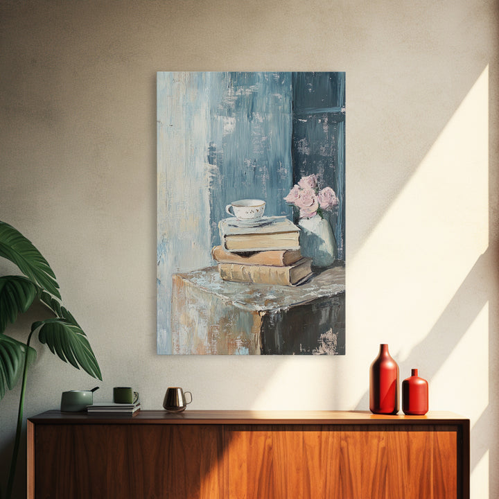 Stacked Books With Teacup And Pink Flowers Canvas Print, Cozy Reading Nook Wall Art, Library Home Decor Gift For Her