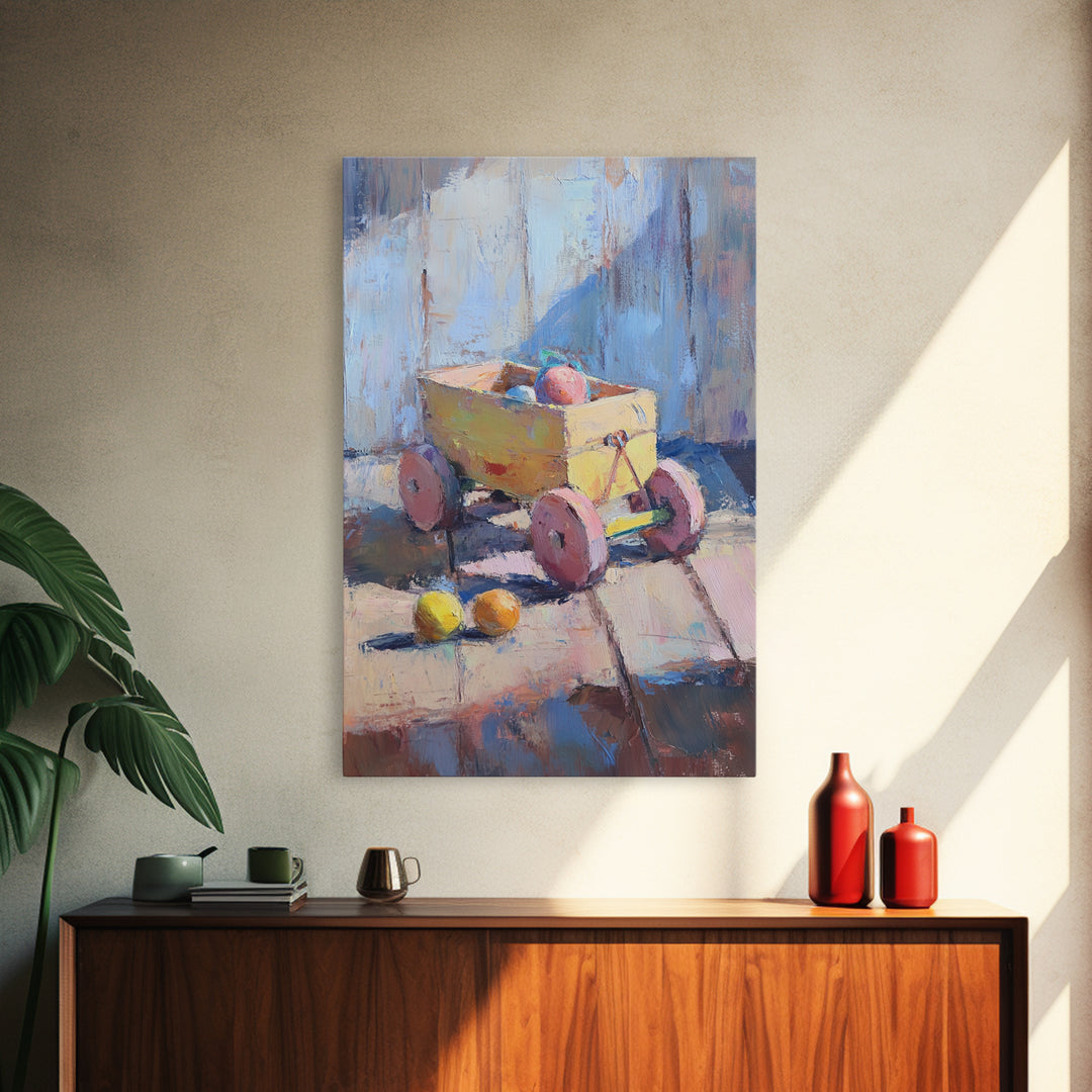 Yellow Toy Wagon With Fruit Still Life Canvas Print, Colorful Whimsical Wall Art, Kids Room Decor, Playroom Nursery Art Gift