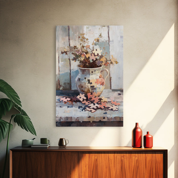 Puzzle Piece Bouquet In Ceramic Pitcher Canvas Print, Whimsical Wall Art, Unique Home Decor, Gallery Wall Art Gift For Her