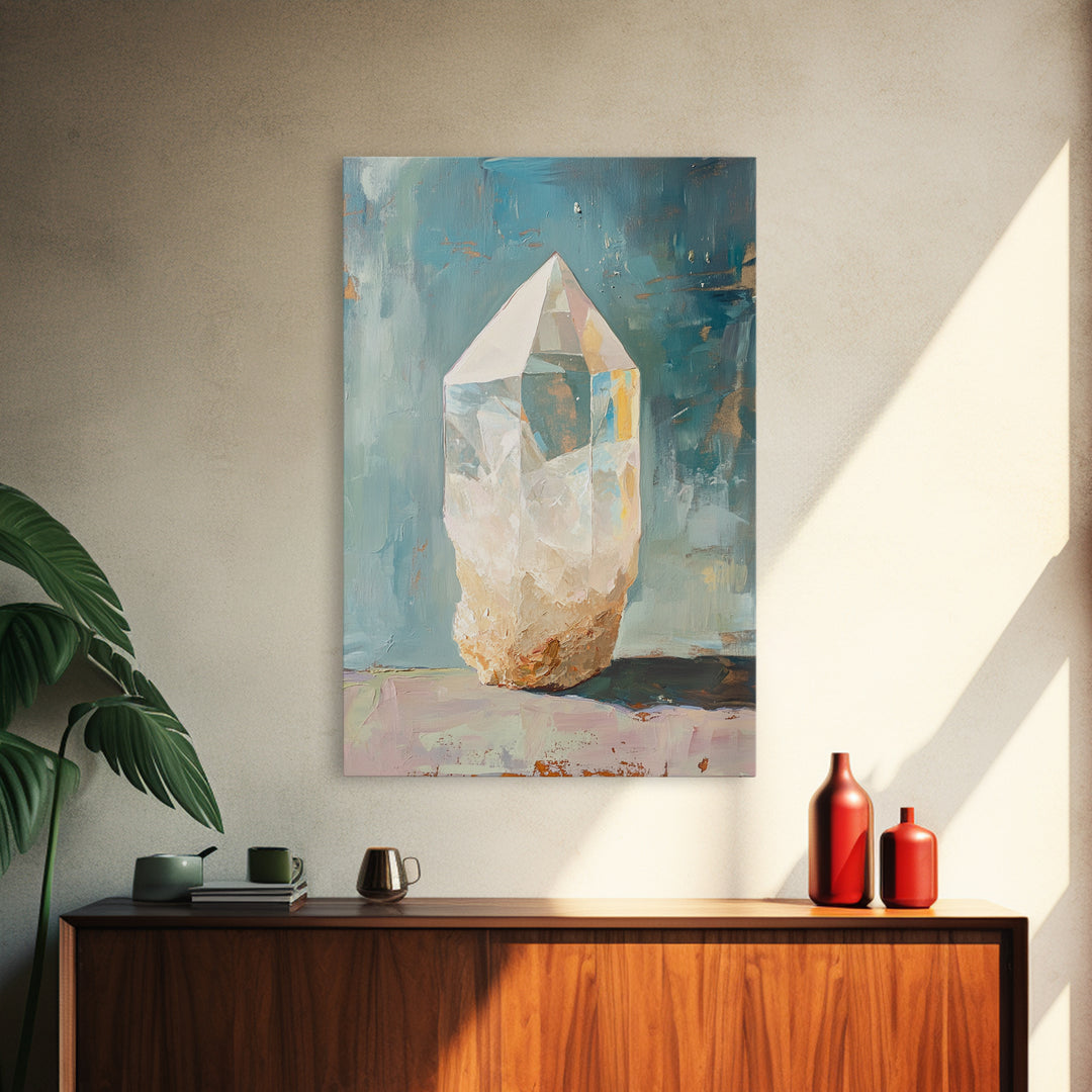 Glowing Crystal Quartz Still Life Wall Art, Spiritual Gemstone Canvas Print, Boho Home Decor, Mystical Gift For Her, Living Room Decor