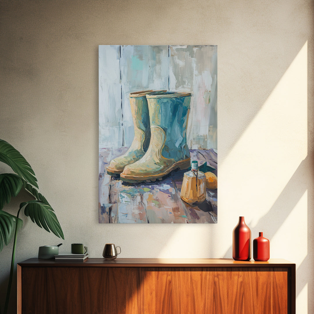 Blue Rain Boots And Small Jug Wall Art, Rustic Farmhouse Canvas Print, Country Home Decor, Mudroom Entryway Decor Gift For Her