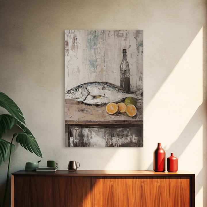 Fresh Fish With Citrus And Bottle Wall Art, Coastal Kitchen Canvas Print, Seafood Still Life, Rustic Dining Room Decor, Gift