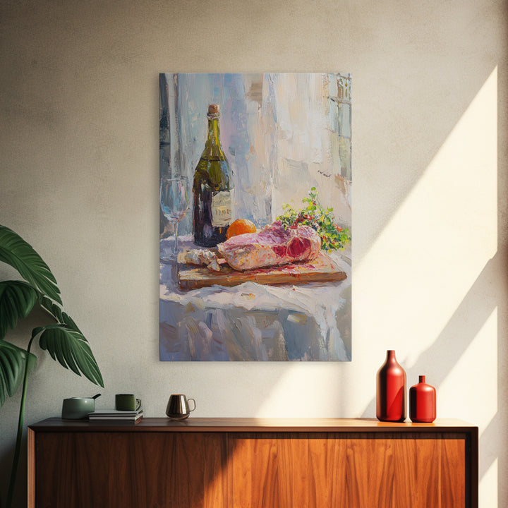 Wine Bottle And Steak Still Life Wall Art, French Kitchen Canvas Print, Dining Room Decor, Food Lover Gift, Rustic Home Decor