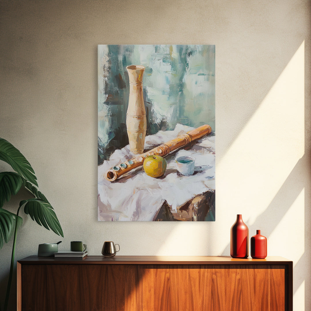 Wooden Flute Vase And Lemon Still Life Wall Art, Music Room Canvas Print, Boho Kitchen Decor, Rustic Instrument Art Gift