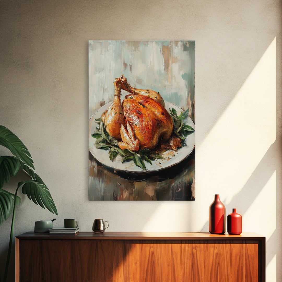 Roast Chicken With Herbs On Platter Wall Art, Rustic Kitchen Canvas Print, Farmhouse Dining Room Decor, Foodie Gift For Chef