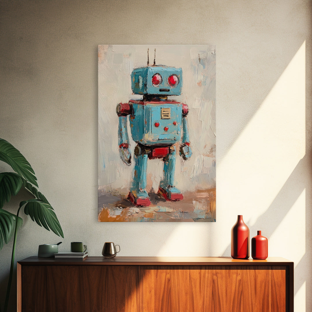 Whimsical Blue Toy Robot Oil Painting, Canvas Print For Kids Room Decor, Robot Wall Art, Sci Fi Nursery Art Gift, Modern Home Decor