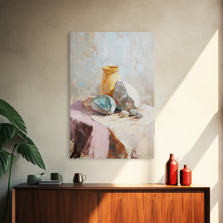 Neutral Stone And Amber Vase Still Life, Canvas Print For Minimalist Wall Art, Wabi Sabi Decor, Modern Home Decor, Fine Art Print