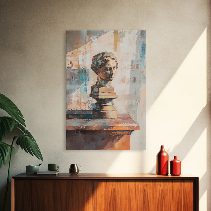 Classical Bust Sculpture On Wooden Shelf Painting, Canvas Print For Dark Academia Wall Art, Office Decor, Art History Gift