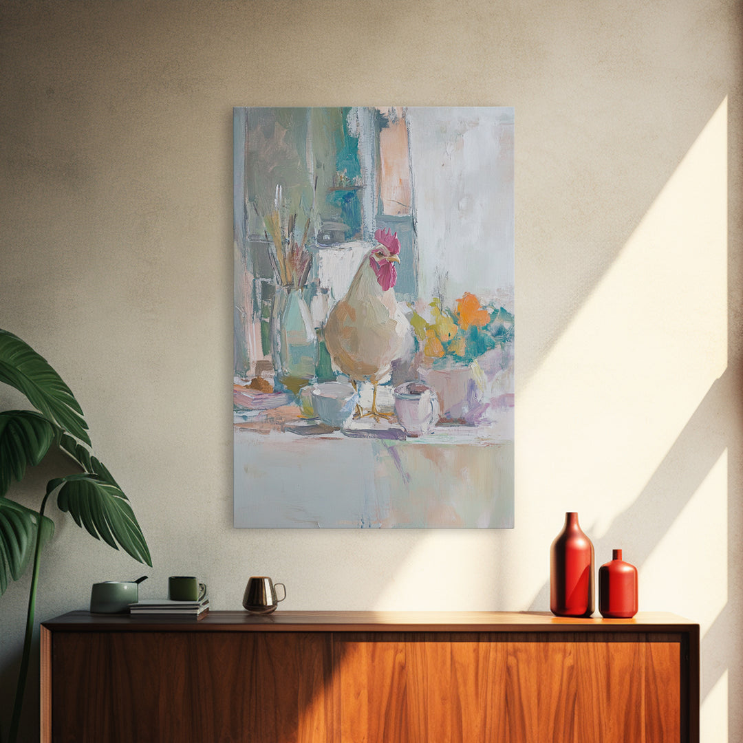 Charming Rooster On Kitchen Counter Painting, Canvas Print For Farmhouse Kitchen Wall Art, Rustic Country Decor, Chef Gift