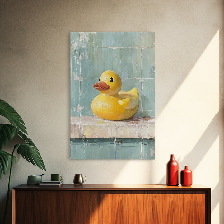 Bright Yellow Rubber Duck On Aqua Tile Painting, Canvas Print For Bathroom Wall Art, Funny Bathroom Decor, Kids Room Gift