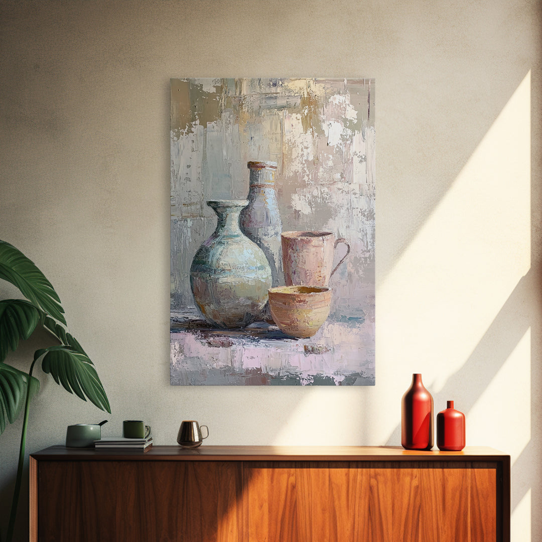 Textured Ceramic Vessels And Tea Cups Canvas Print, Neutral Kitchen Wall Art, Rustic Home Decor, Still Life Art Print Gift