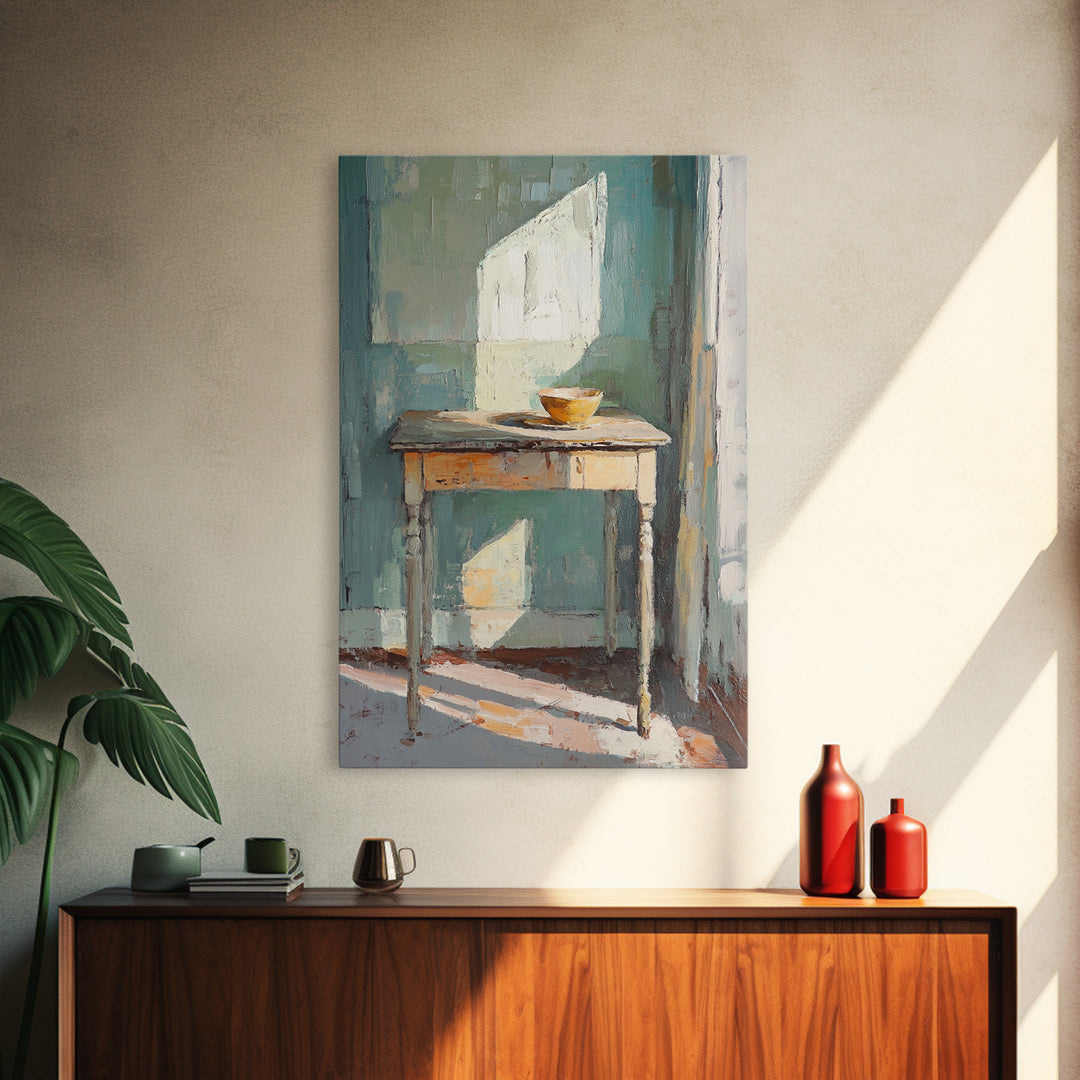 Sunlit Wooden Table With Orange Bowl Framed Canvas Print, Minimalist Wall Art, Japandi Decor, Neutral Home Decor Gift For Her