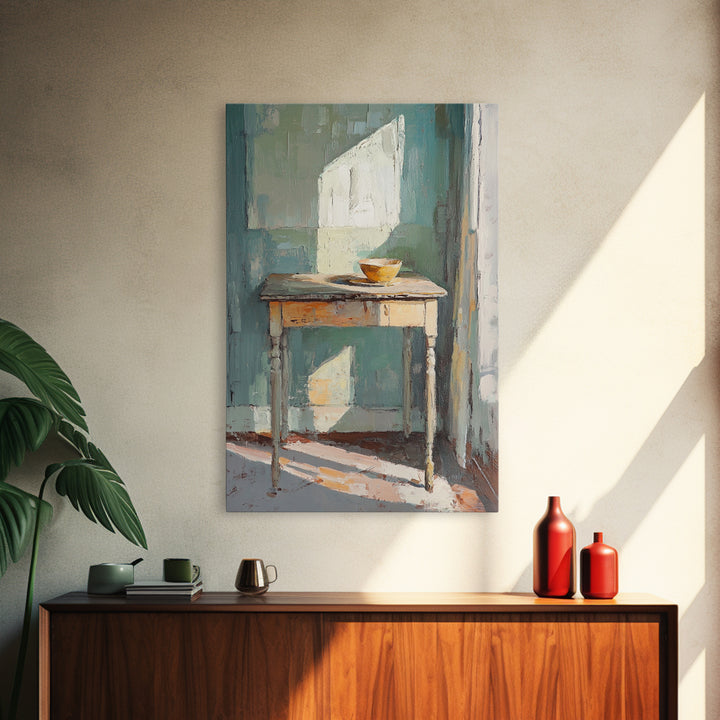 Sunlit Wooden Table With Orange Bowl Framed Canvas Print, Minimalist Wall Art, Japandi Decor, Neutral Home Decor Gift For Her
