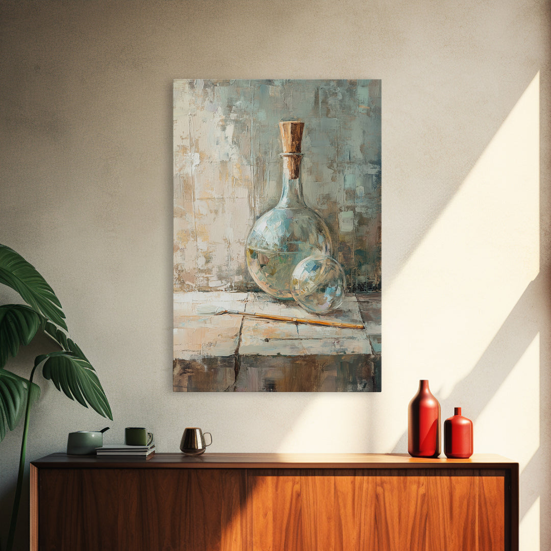 Aqua Glass Bottle And Cork Still Life Wall Art, Coastal Kitchen Decor, Neutral Canvas Wall Art, Contemporary Art Print Gift