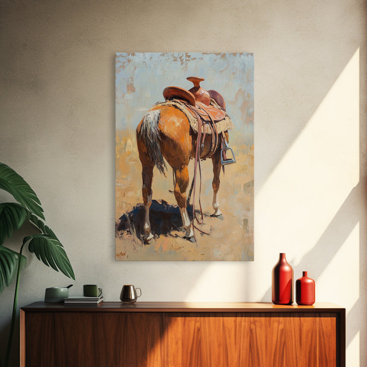 Saddled Chestnut Horse Western Canvas Print, Rustic Cowboy Wall Art, Equestrian Home Decor, Farmhouse Ranch Gift For Horse Lovers
