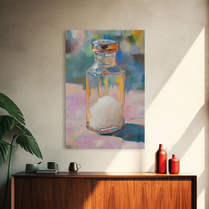 Colorful Glass Salt Shaker Canvas Print, Modern Kitchen Wall Art, Bright Still Life Painting, Dopamine Home Decor Gift Idea