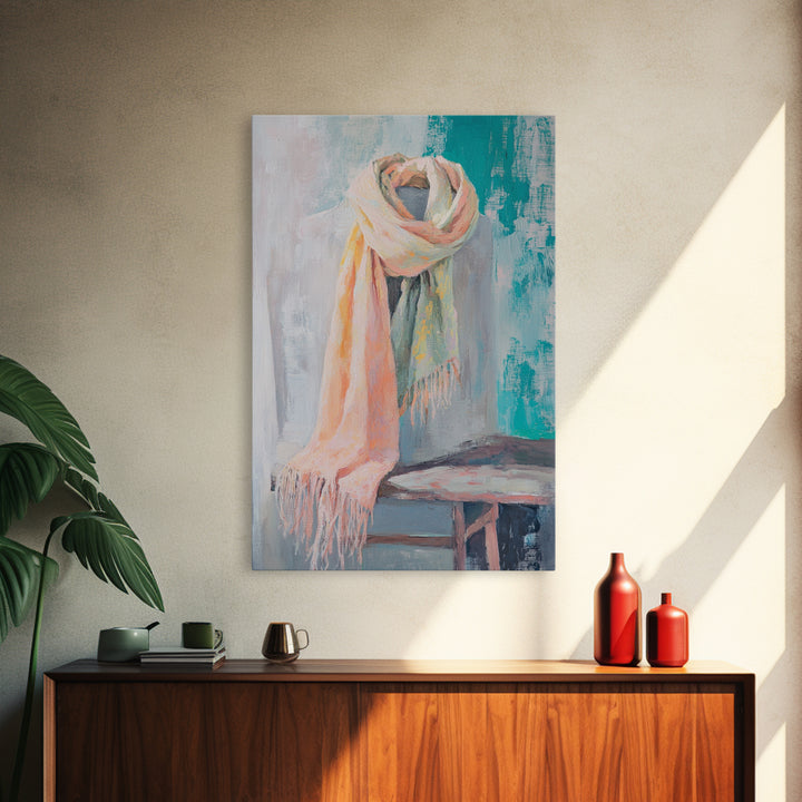 Soft Pastel Scarf On Dress Form Canvas Print, Feminine Wall Art, Fashion Studio Decor, Chic Neutral Bedroom Art Gift For Her