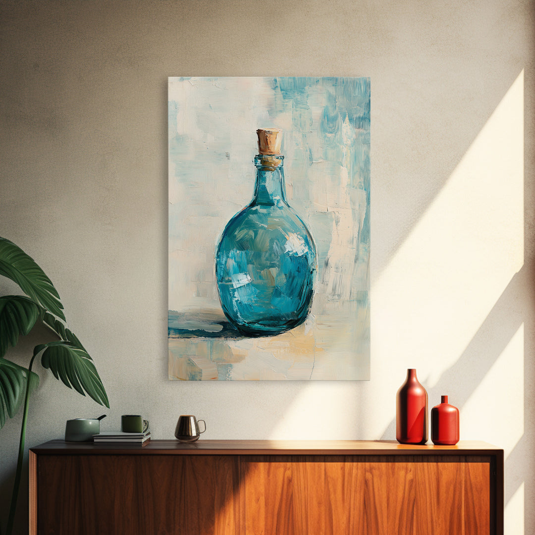 Turquoise Glass Bottle With Cork Canvas Print, Coastal Wall Art, Minimal Still Life Painting, Blue Bathroom Home Decor Gift