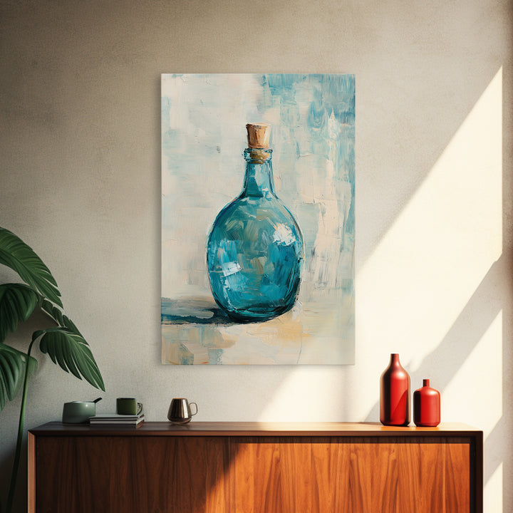 Turquoise Glass Bottle With Cork Canvas Print, Coastal Wall Art, Minimal Still Life Painting, Blue Bathroom Home Decor Gift