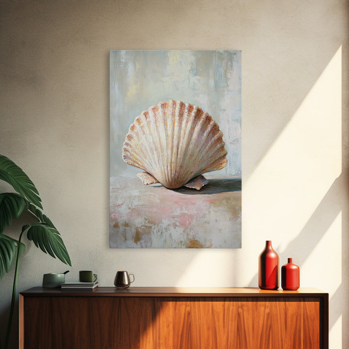Textured Scallop Shell Still Life Wall Art, Coastal Beach House Decor, Seashell Painting, Neutral Bathroom Wall Decor, Spa Art