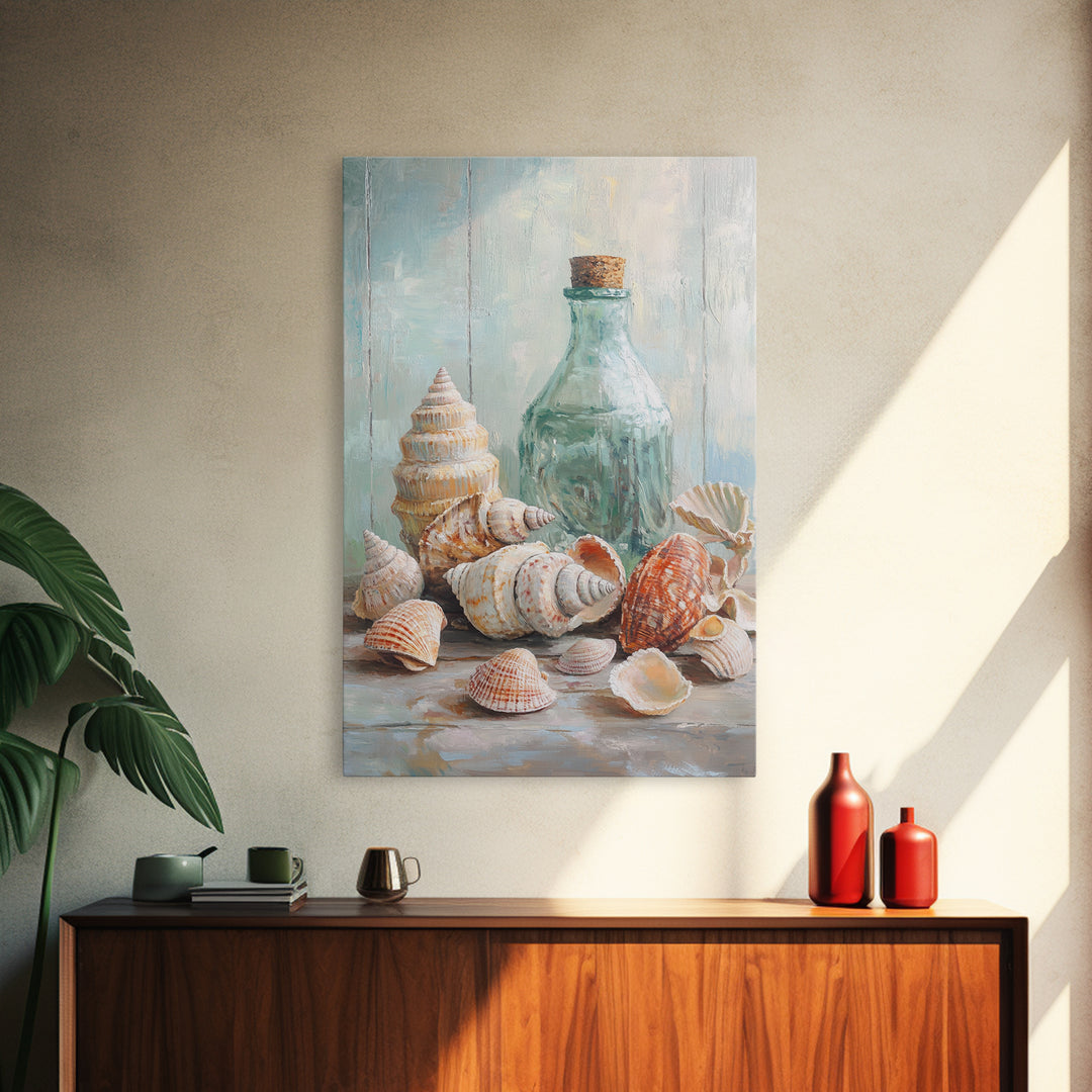 Sea Shells And Corked Glass Bottle Canvas Print, Coastal Wall Art, Beach House Decor, Nautical Bathroom Art, Ocean Print