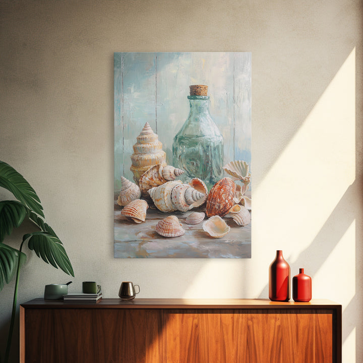 Sea Shells And Corked Glass Bottle Canvas Print, Coastal Wall Art, Beach House Decor, Nautical Bathroom Art, Ocean Print