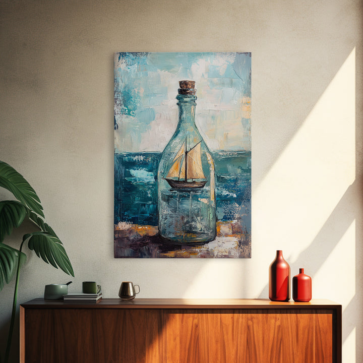 Ship In A Bottle Nautical Canvas Print, Coastal Wall Art, Sailboat Seascape, Ocean Decor, Beach House Statement Artwork Print