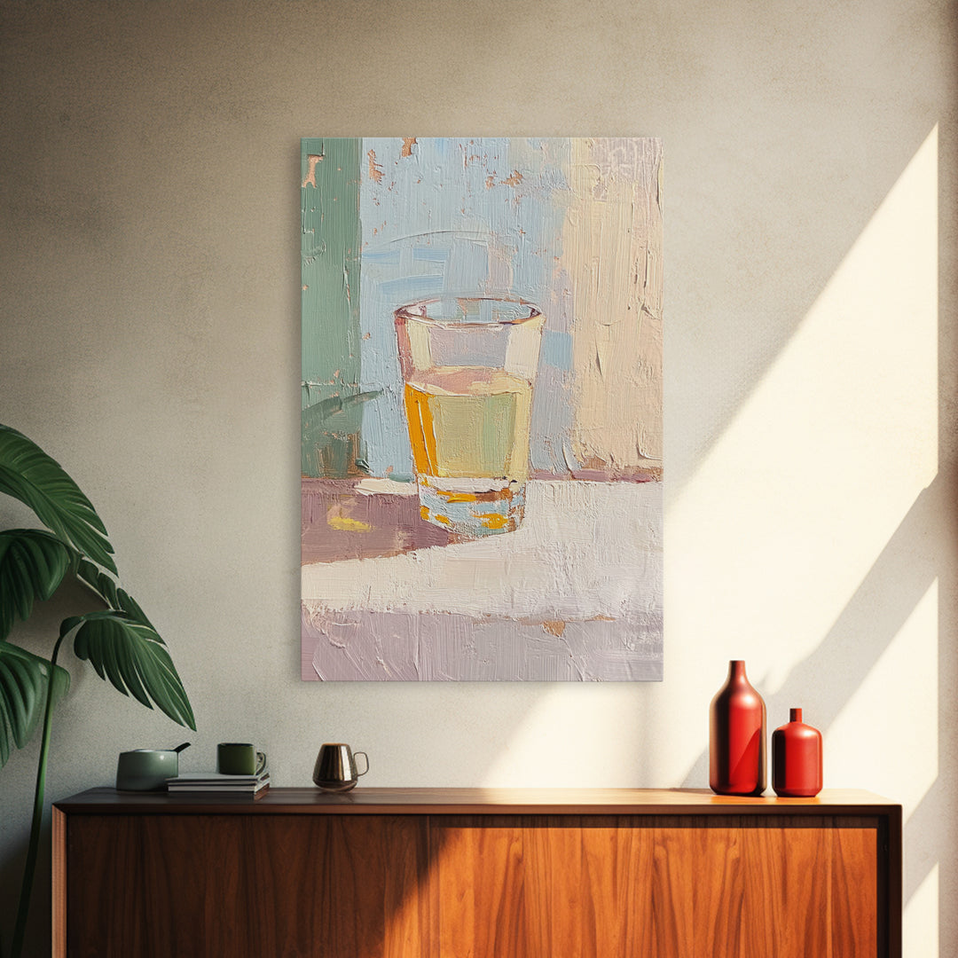 Minimal Glass Of Golden Tea Still Life Wall Art, Neutral Kitchen Decor, Modern Rustic Canvas Print, Soft Abstract Painting