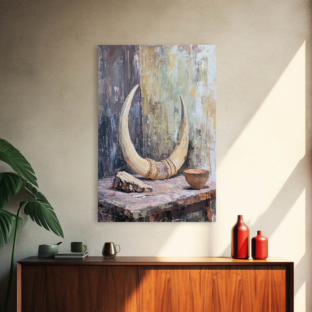 Curved Ivory Horn And Rustic Bowl Still Life Framed Canvas Print, African Inspired Wall Art, Tribal Decor, Moody Neutral Art