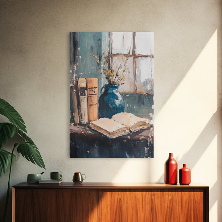 Open Book And Blue Vase Wall Art, Cozy Library Still Life, Dark Academia Decor, Reading Nook Art Print, Home Office Decor