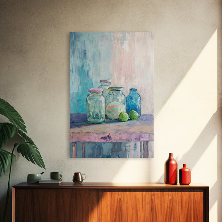 Glass Jars With Limes Still Life Wall Art, Colorful Kitchen Decor, Modern Farmhouse Canvas Print, Dining Room Art Gift Idea