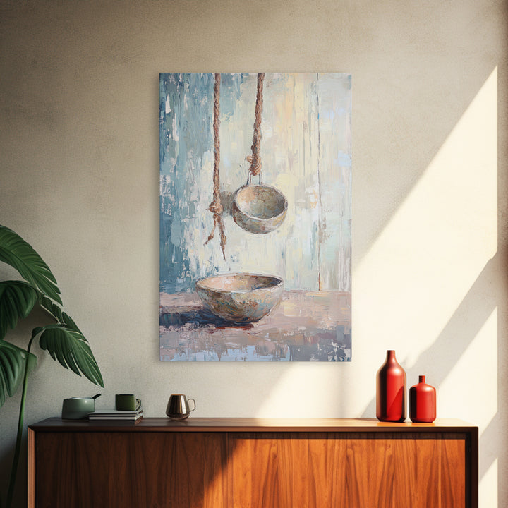 Hanging Ceramic Bowls Wall Art, Wabi Sabi Still Life Canvas Print, Neutral Rustic Kitchen Decor, Japandi Wall Decor Gift