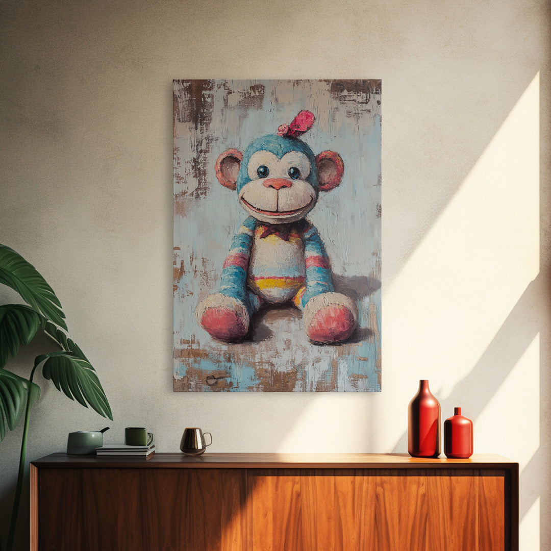 Whimsical Sock Monkey Canvas Print, Nursery Wall Art, Kids Room Decor, Cute Animal Art, Baby Shower Gift, Playroom Decor