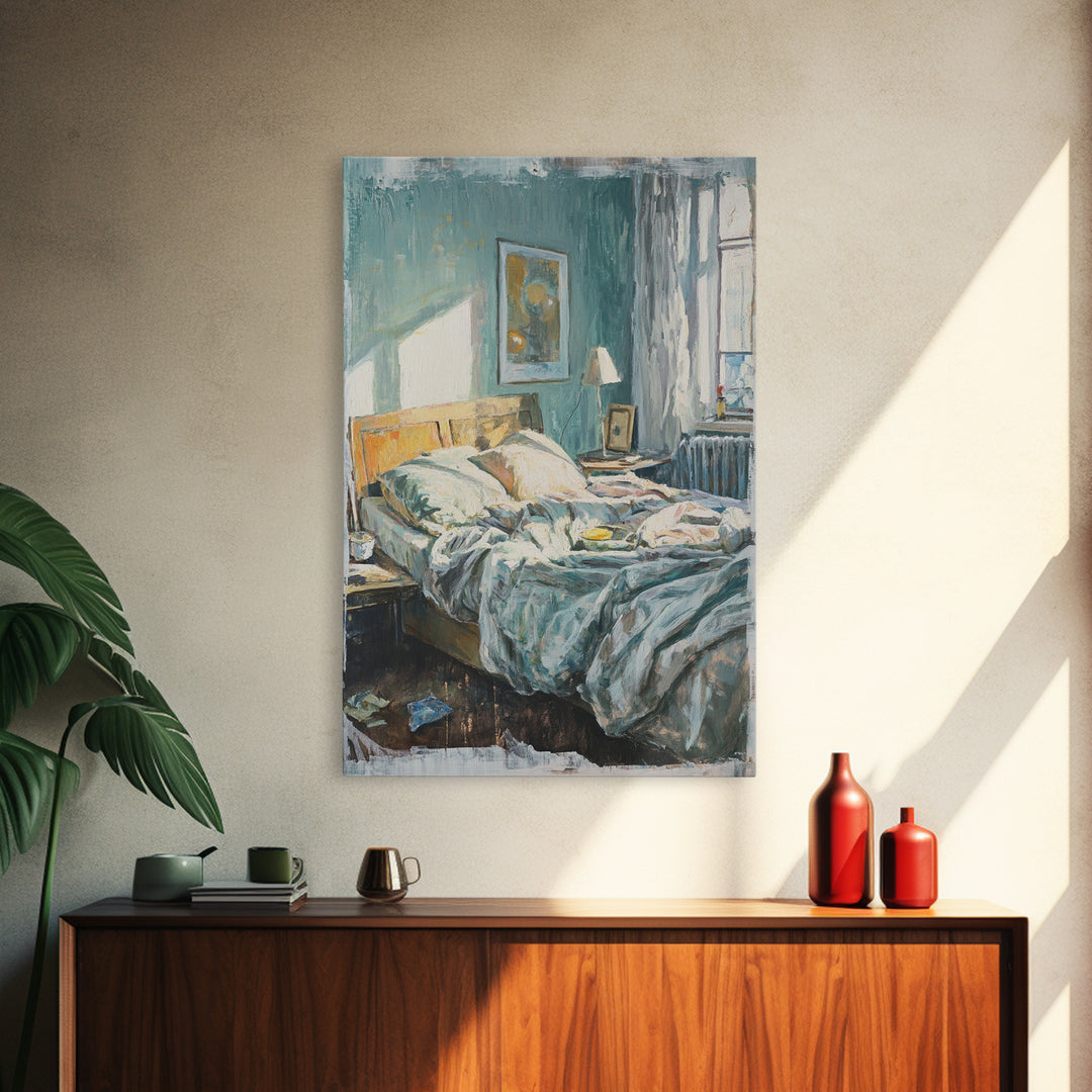 Messy Sunlit Bedroom Canvas Print, Cozy Bedroom Wall Art, Above Bed Decor, Modern Home Decor, Guest Room Wall Decor, Living Room Decor