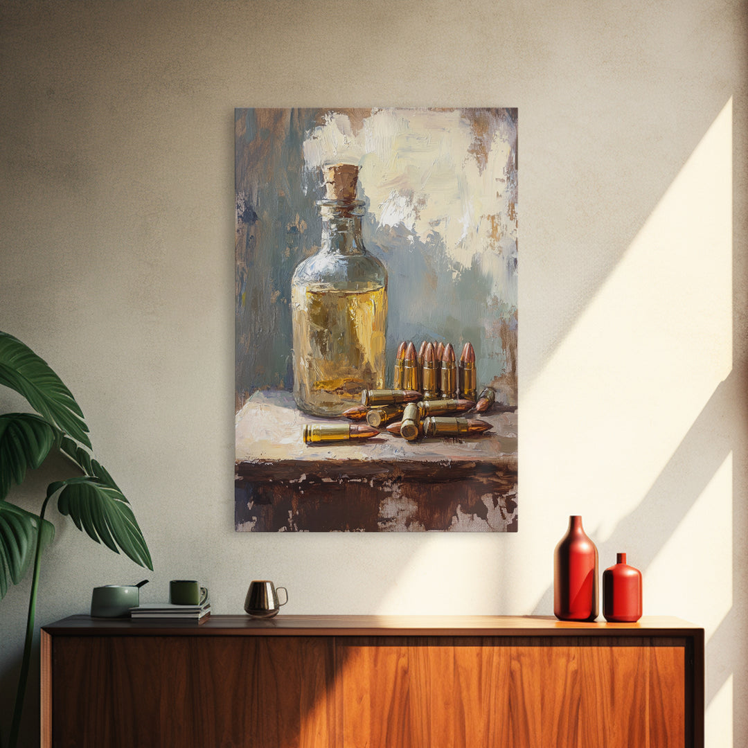 Amber Bottle And Brass Bullets Still Life Wall Art, Masculine Man Cave Decor, Rustic Office Print, Gift For Him, Moody Canvas